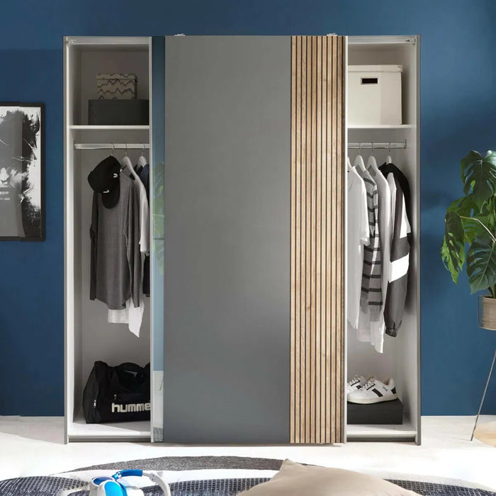 Bellagio Light Oak & Dark Grey Sliding Wardrobe with Mirror - Luminex FurnitureWardrobeBER002