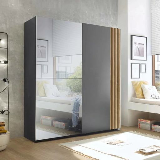 Bellagio Light Oak & Dark Grey Sliding Wardrobe with Mirror - Luminex FurnitureWardrobeBER002