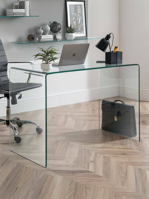 Calista Bent Glass Desk – Modern Clear Tempered Glass Design - Luminex FurnitureDeskAMA004