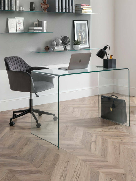 Calista Bent Glass Desk – Modern Clear Tempered Glass Design - Luminex FurnitureDeskAMA004