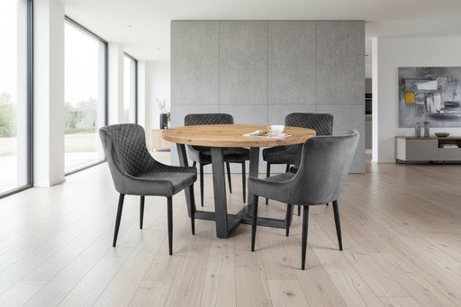 Charlotte Oak Round Table and 4 Grey Velvet Braylin Chairs - Luminex FurnitureDining SetBRO120