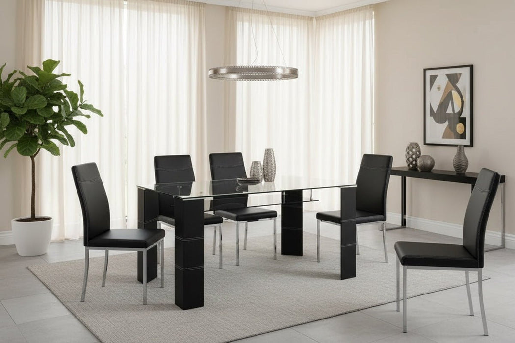 Elodie Dining Table – Clear Glass, Black Faux Leather & Chrome - Luminex FurnitureDining TableGRE001