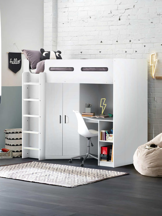 Henley High Sleeper Bed with Wardrobe & Desk – All White - Luminex FurnitureHigh SleepersHER013