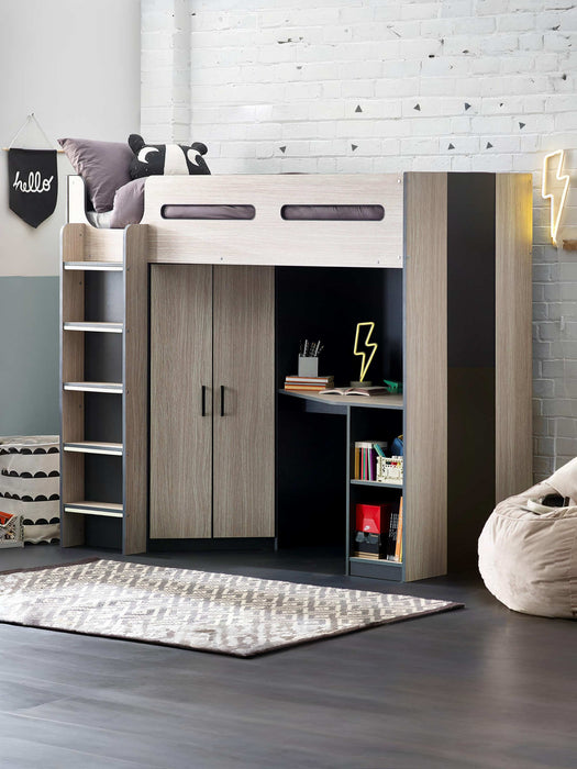 Henley High Sleeper Bed – Woodgrain & Anthracite with Desk & Storage - Luminex FurnitureHigh SleepersHER011