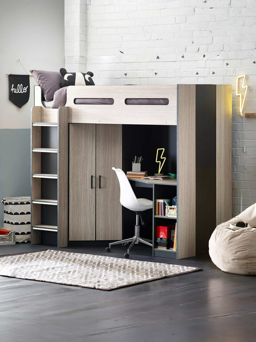 Henley High Sleeper Bed – Woodgrain & Anthracite with Desk & Storage - Luminex FurnitureHigh SleepersHER011