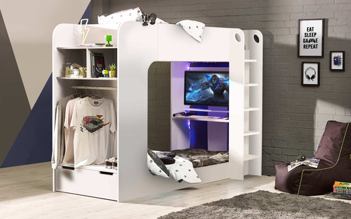 Indigo Gaming Bunk All White – Bed with Desk & Storage - Luminex FurnitureBunk BedIMP002