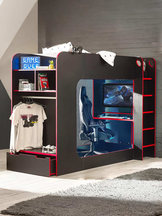Indigo Gaming Bunk Black/Red – Gamer Bed with Desk & Storage - Luminex FurnitureBunk BedIMP001