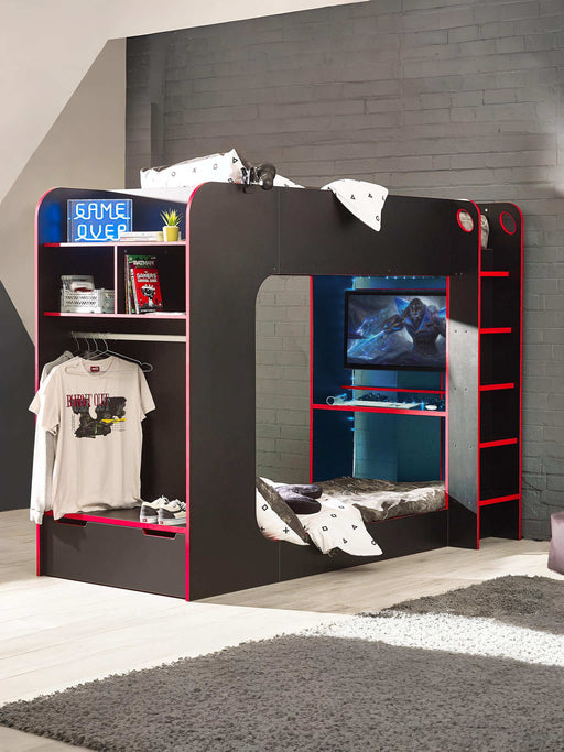 Indigo Gaming Bunk Black/Red – Gamer Bed with Desk & Storage - Luminex FurnitureBunk BedIMP001