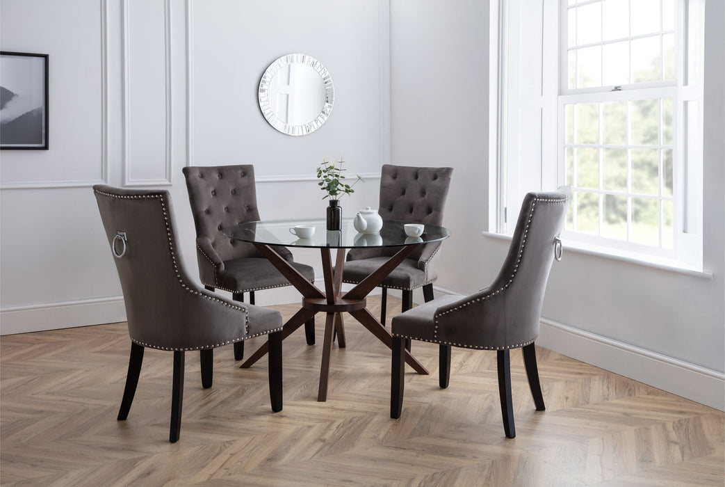 Isla 120cm Round Glass Table & 4 Grey Velvet Knockerback Chairs Set - Luminex FurnitureDining SetCHE106