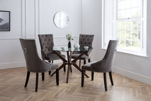 Isla 120cm Round Glass Table & 4 Grey Velvet Knockerback Chairs Set - Luminex FurnitureDining SetCHE106