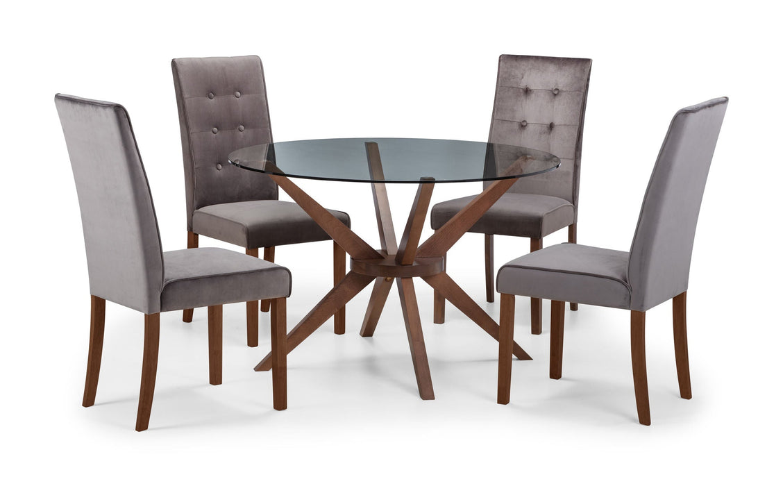 Isla 120cm Round Glass Table & 4 Grey Velvet Orlan Chairs Set - Luminex FurnitureDining SetCHE104