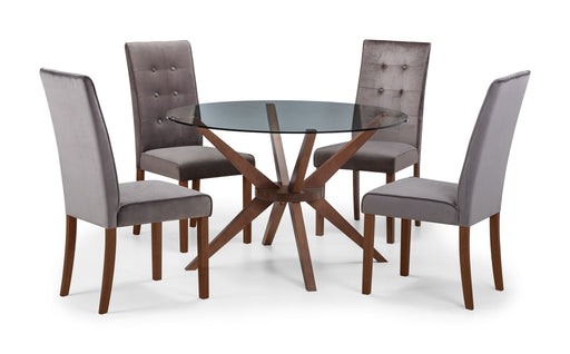 Isla 120cm Round Glass Table & 4 Grey Velvet Orlan Chairs Set - Luminex FurnitureDining SetCHE104