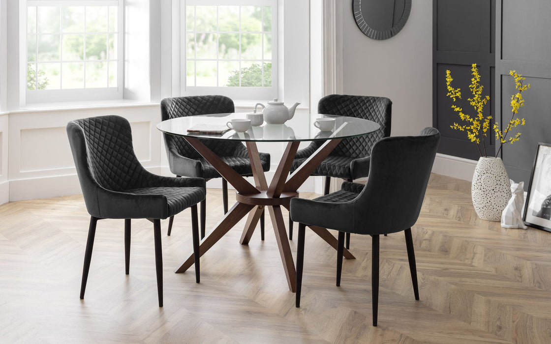 Isla Round Glass Table & 4 Grey Velvet Braylin Chairs Set - Luminex FurnitureDining SetCHE301