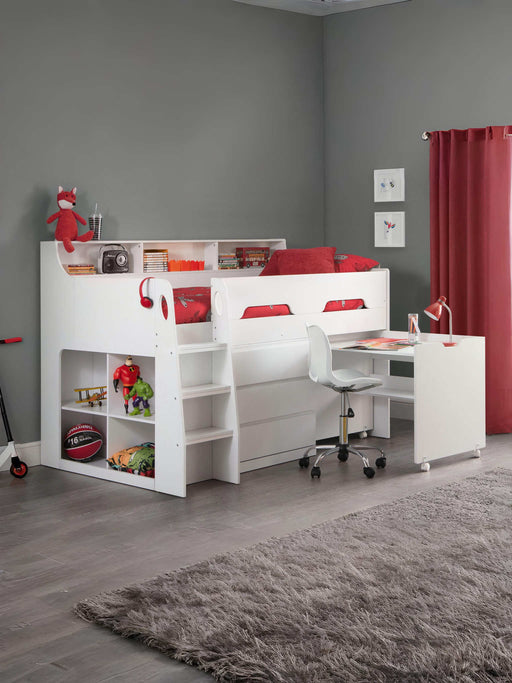 Jordell Mid Sleeper Bed with Desk & Storage – White - Luminex FurnitureMid SleepersJUP101