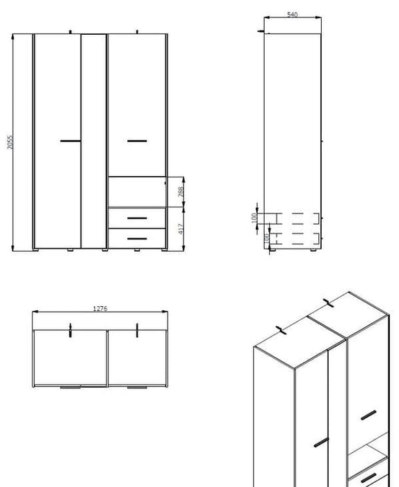 Kensley Oak 3 - Door 2 - Drawer Wardrobe with Mirror - LuminexFurnitureWardrobe3042