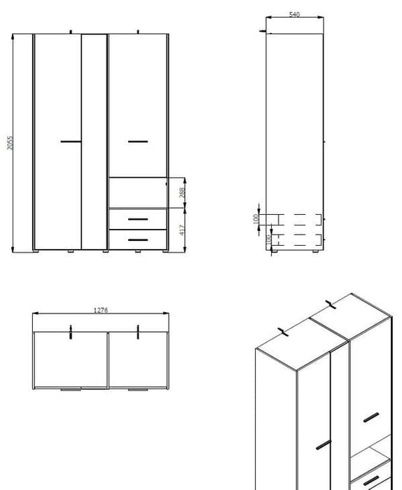 Kensley White 3 - Door 2 - Drawer Wardrobe with Mirror - LuminexFurnitureWardrobe3041