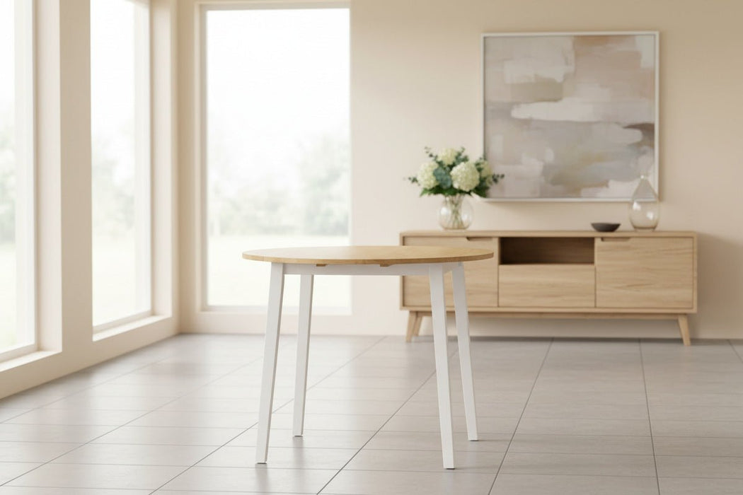 Liliana Round Drop Leaf Table – Natural Oak Top & White Legs - Luminex FurnitureDining TableLIN004