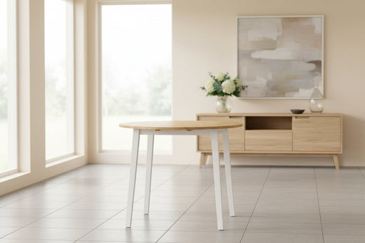 Liliana Round Drop Leaf Table – Natural Oak Top & White Legs - Luminex FurnitureDining TableLIN004