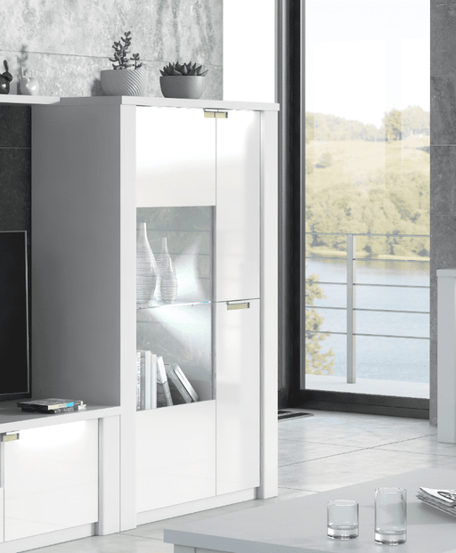 Lumora White Gloss & Walnut Effect Wide Display Cabinet - Luminex FurnitureDrinks Cabinet, Living, Dining2911