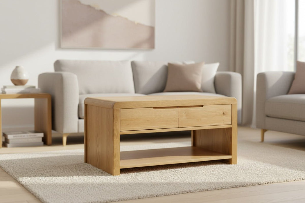 Madeleine Coffee Table with Drawers – Curved Solid White Oak with Storage - Luminex FurnitureCoffee TableCUR303