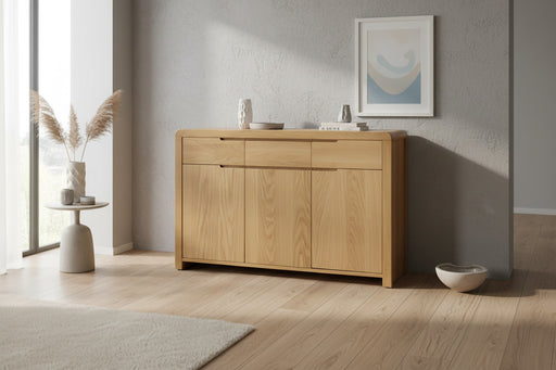 Madeleine Curved White Solid Oak Sideboard – 3 Door 3 Drawer Retro Storage - Luminex Furniture