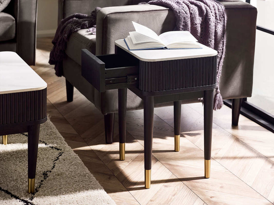 Marigold Fluted Stone Top Lamp Table With Drawer - Black - Luminex FurnitureLamp TableLOU002