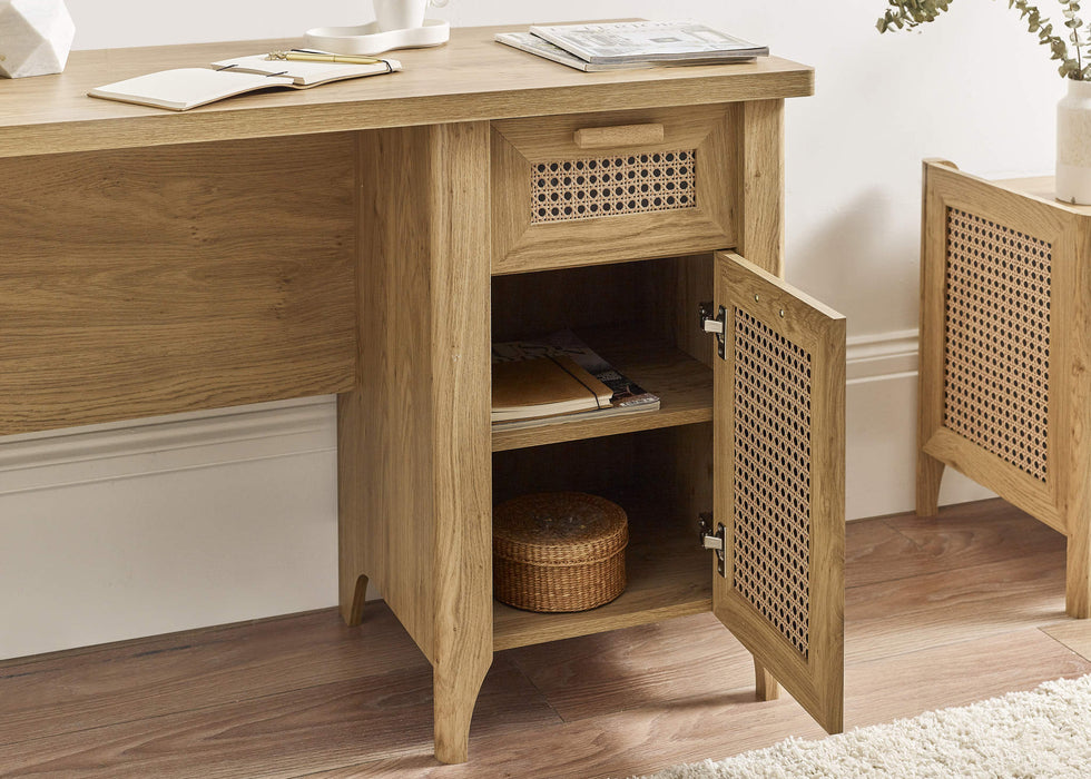Nora Desk – Oak & Rattan - Effect with Drawer & Cupboard - Luminex FurnitureDeskSYD011