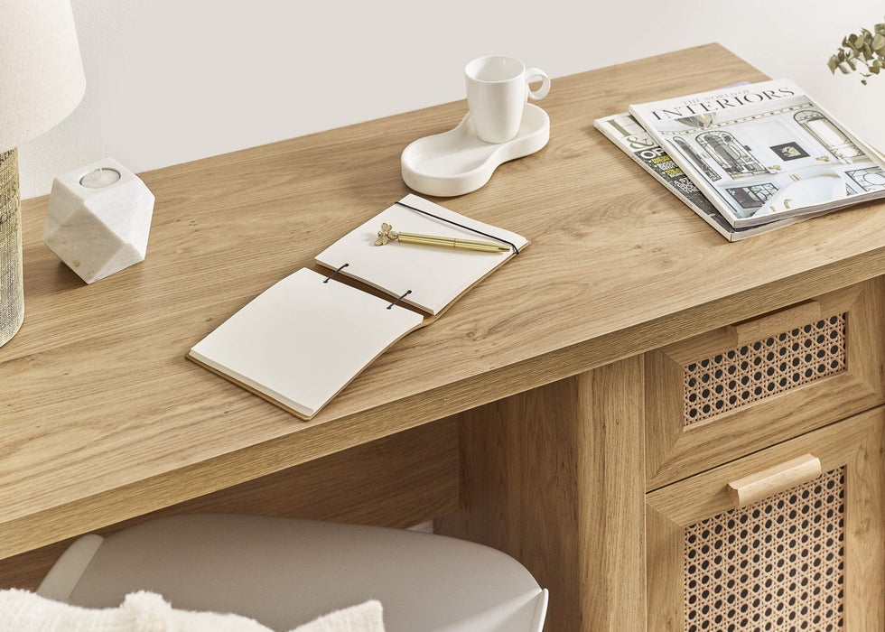 Nora Desk – Oak & Rattan - Effect with Drawer & Cupboard - Luminex FurnitureDeskSYD011