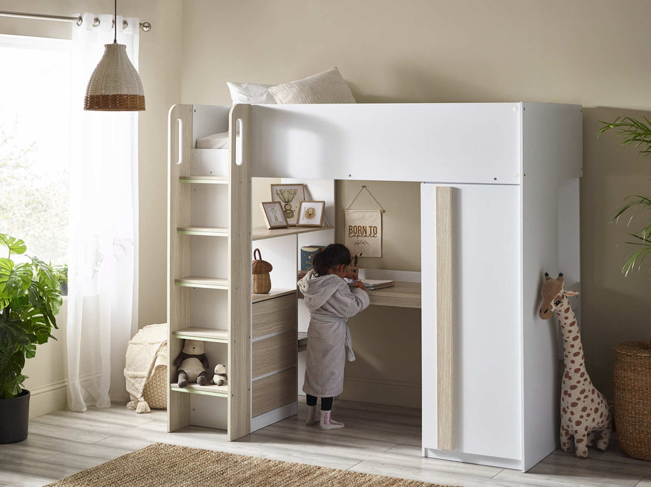 Oxley High Sleeper Bed with Desk & Storage – Pale Wood & White - Luminex FurnitureHigh SleepersOCE001