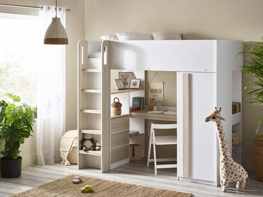 Oxley High Sleeper Bed with Desk & Storage – Pale Wood & White - Luminex FurnitureHigh SleepersOCE001
