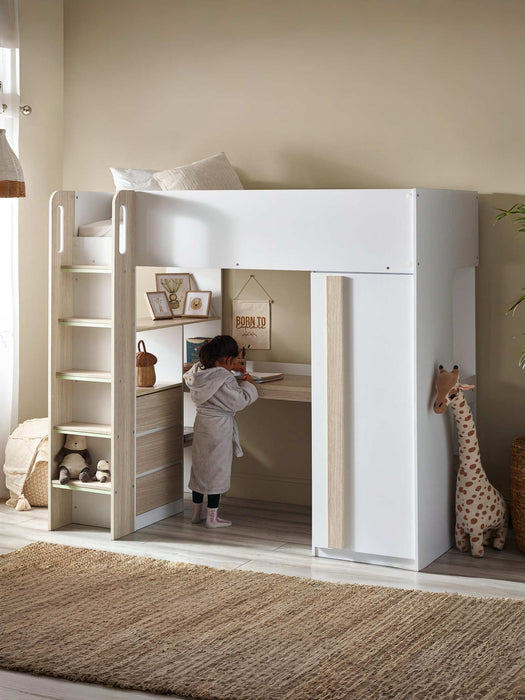 Oxley High Sleeper Bed with Desk & Storage – Pale Wood & White - Luminex FurnitureHigh SleepersOCE001