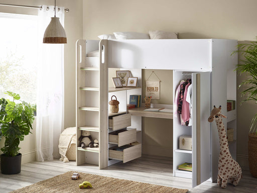 Oxley High Sleeper Bed with Desk & Storage – Pale Wood & White - Luminex FurnitureHigh SleepersOCE001