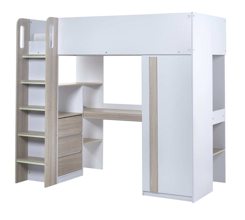 Oxley High Sleeper Bed with Desk & Storage – Pale Wood & White - Luminex FurnitureHigh SleepersOCE001