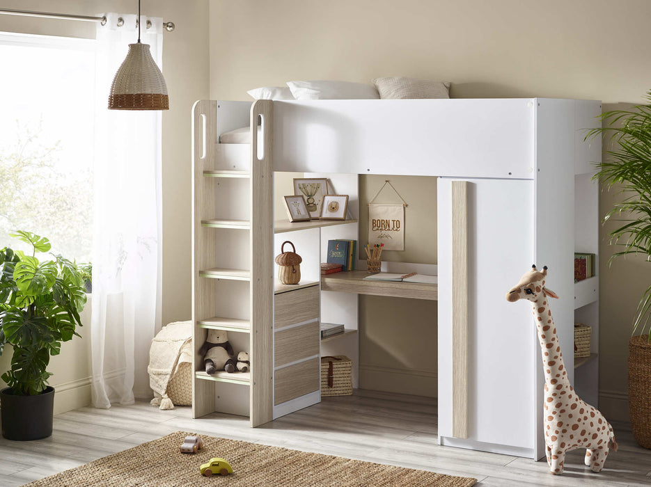 Oxley High Sleeper Bed with Desk & Storage – Pale Wood & White - Luminex FurnitureHigh SleepersOCE001