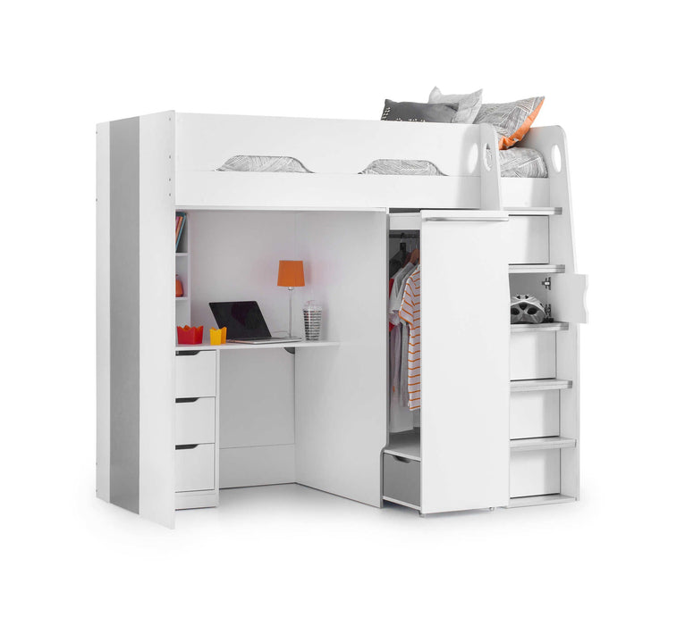 Pendle High Sleeper Bed with Wardrobe & Desk – White & Silver - Luminex FurnitureHigh SleepersPEG001