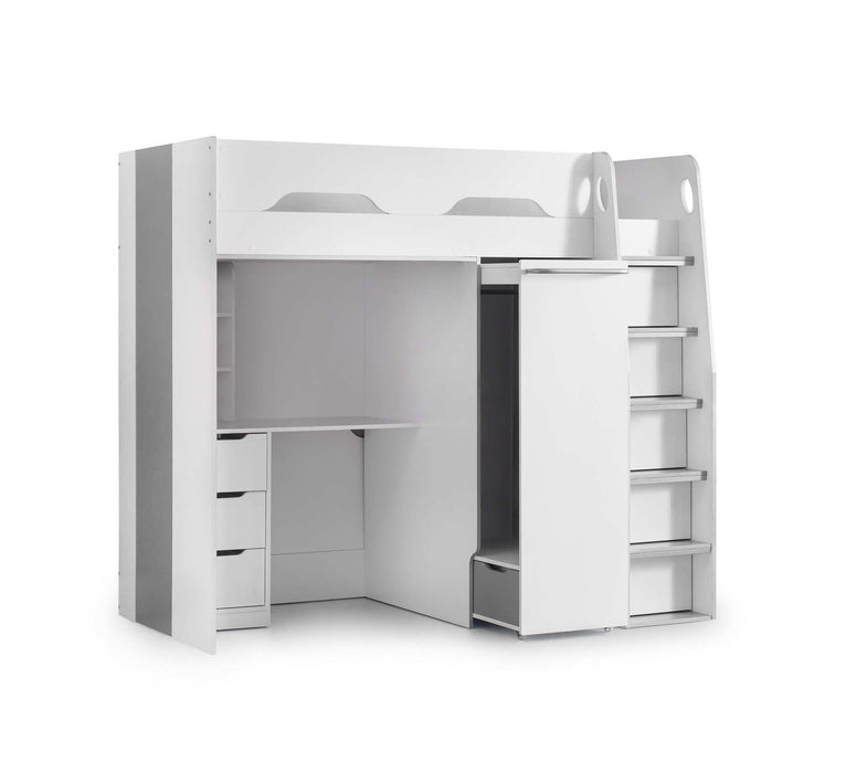 Pendle High Sleeper Bed with Wardrobe & Desk – White & Silver - Luminex FurnitureHigh SleepersPEG001