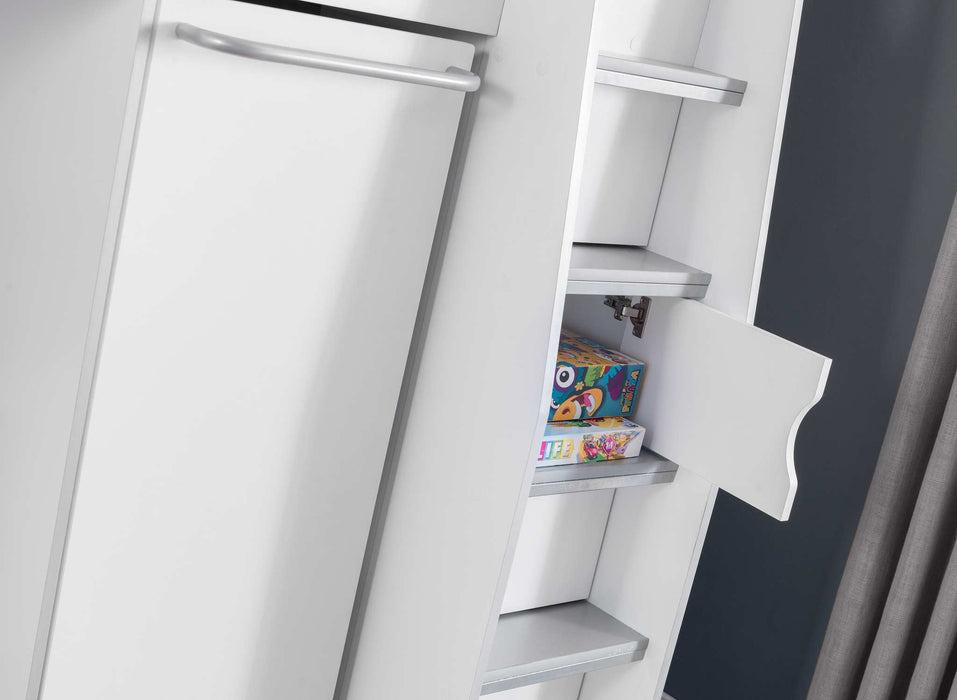 Pendle High Sleeper Bed with Wardrobe & Desk – White & Silver - Luminex FurnitureHigh SleepersPEG001