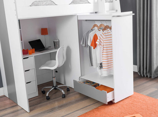 Pendle High Sleeper Bed with Wardrobe & Desk – White & Silver - Luminex FurnitureHigh SleepersPEG001
