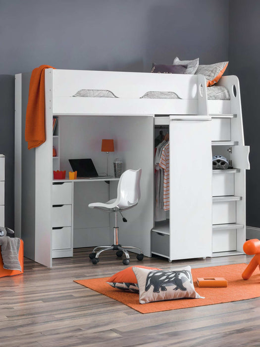Pendle High Sleeper Bed with Wardrobe & Desk – White & Silver - Luminex FurnitureHigh SleepersPEG001