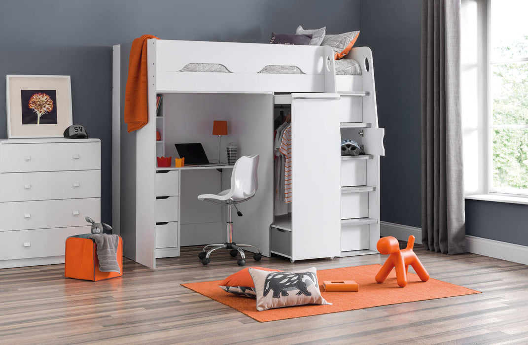 Pendle High Sleeper Bed with Wardrobe & Desk – White & Silver - Luminex FurnitureHigh SleepersPEG001