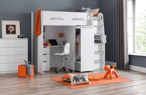 Pendle High Sleeper Bed with Wardrobe & Desk – White & Silver - Luminex FurnitureHigh SleepersPEG001