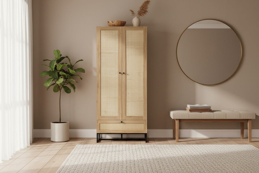 Tribeca Oak Rattan 2 Door 1 Drawer Wardrobe - Luminex FurnitureWardrobePAD004