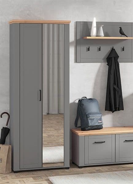 Valentis Grey & Artisan Oak Slim Mirrored Wardrobe - Luminex FurnitureWardrobe3265